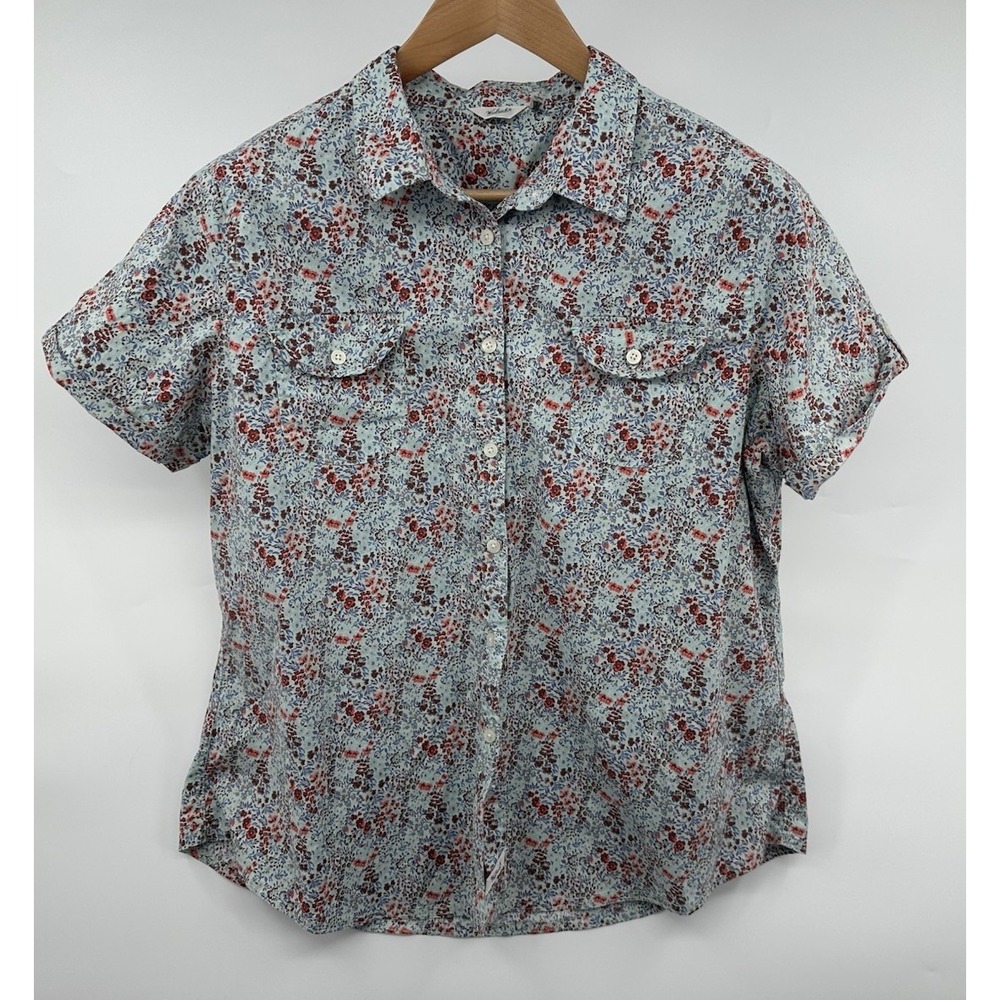 Woolrich Blue Button Down Women's XL Floral Short Sleeve Front Pocket Casual